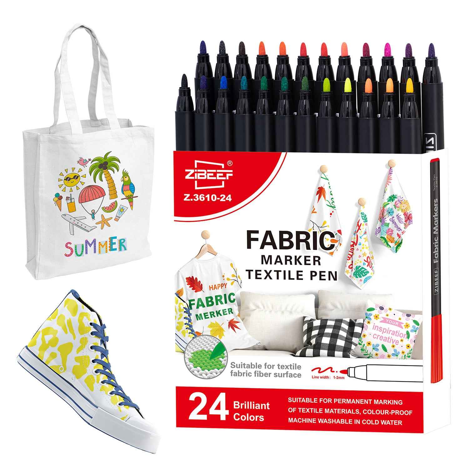 XIBEEF Permanent Fabric Markers Textile Pen,12/24 Colors Pack
