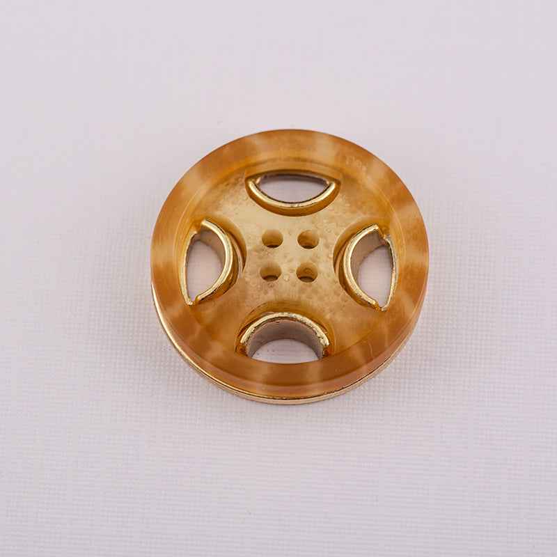 Round 4-hole resin-metal coat button, tan/gold with four holes and gold-tone edges