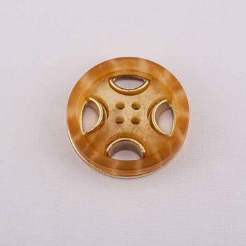 Round 4-hole resin-metal coat button, tan/gold with four holes and gold-tone edges