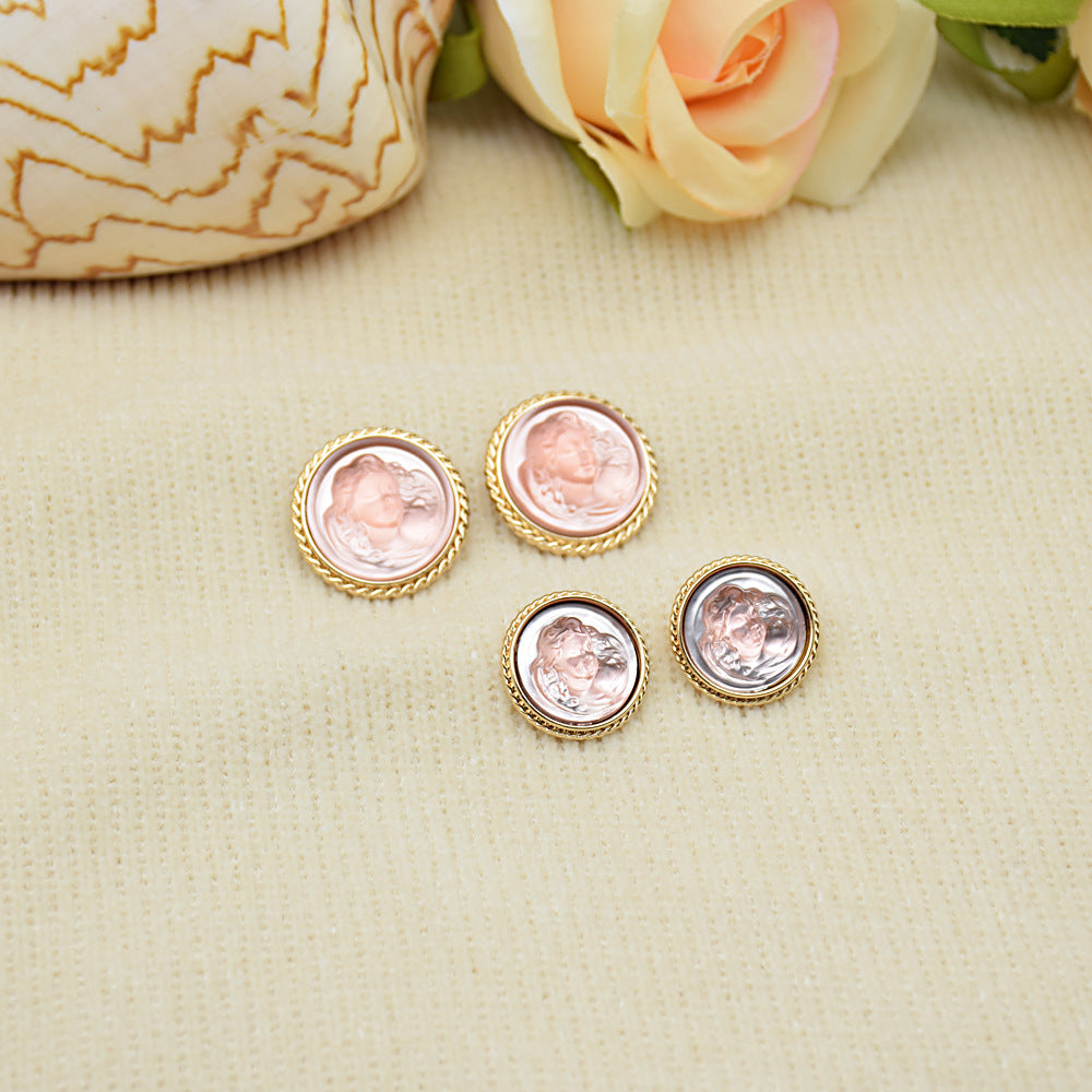 Pink lady portrait resin buttons with gold rim; 4 round buttons in rose-pink and clear tones.