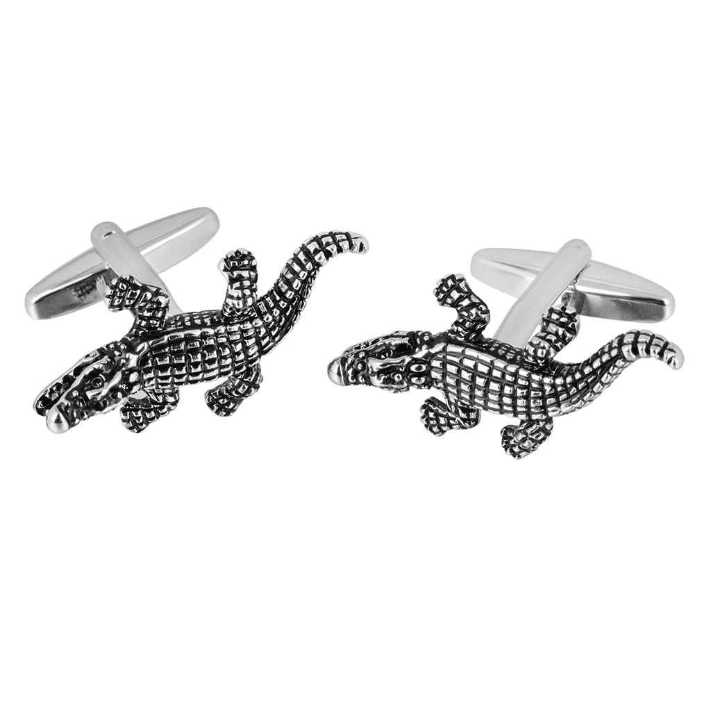 Black oil-finished crocodile texture cufflinks with silver backs, two-piece set