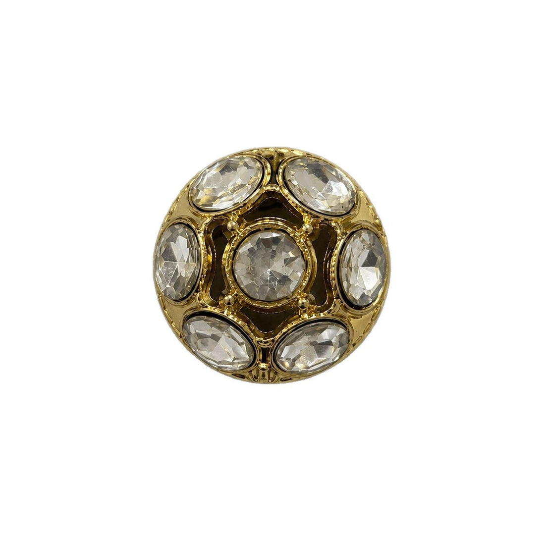 Gold domed metal shank button with clear rhinestone inlaid circles