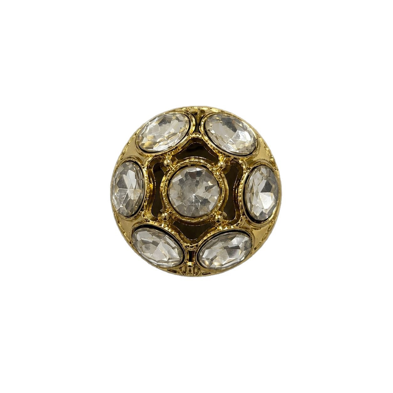 Gold domed metal shank button with clear rhinestone inlaid circles