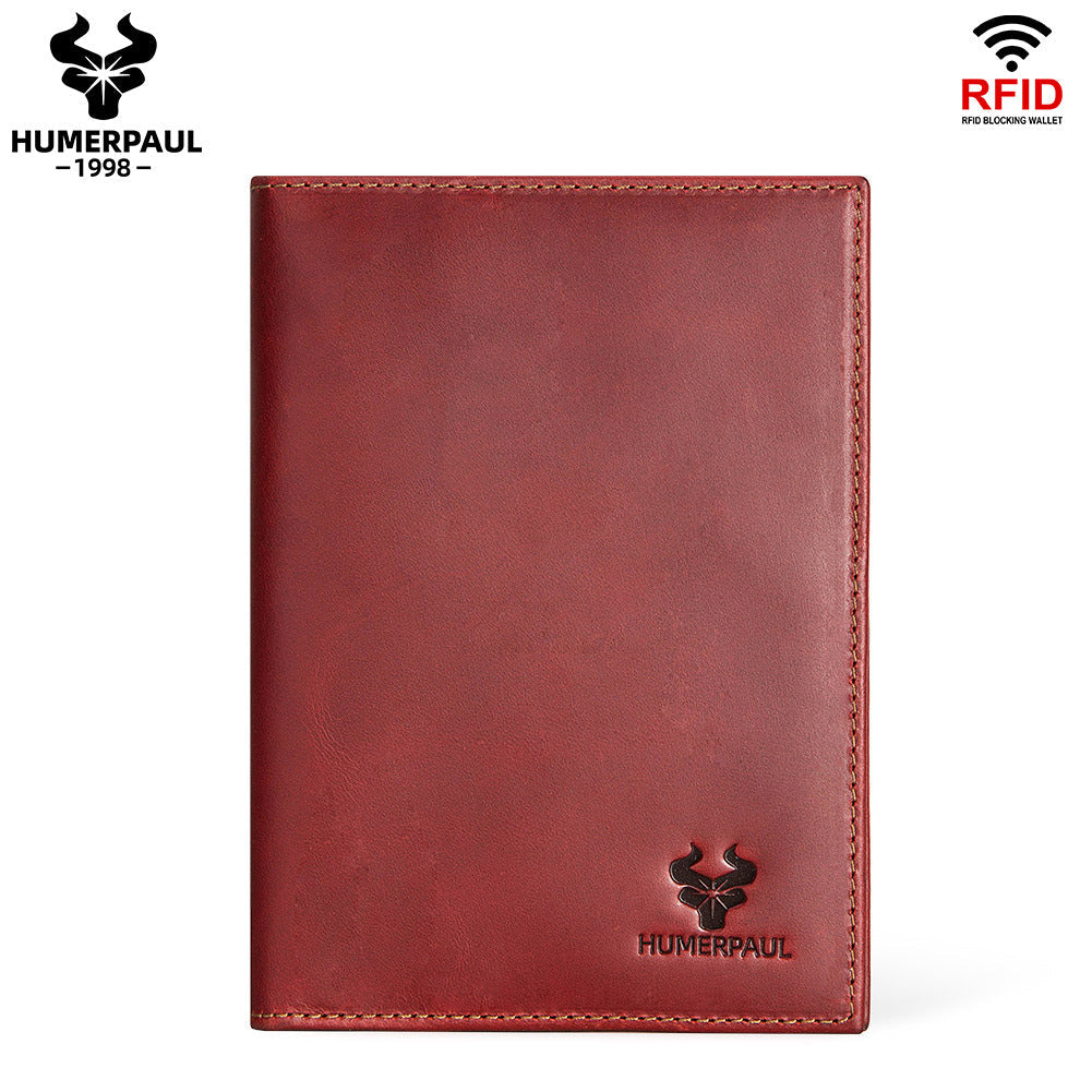 Vintage Crazy Horse Leather RFID Passport Wallet, Built-in AirTag Slot Red