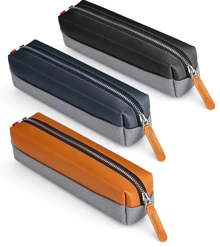 GNASEET Genuine Leather & Canvas Pencil Case – Large Capacity 20-Pen Student Stationery Pouch | 200x48x55mm