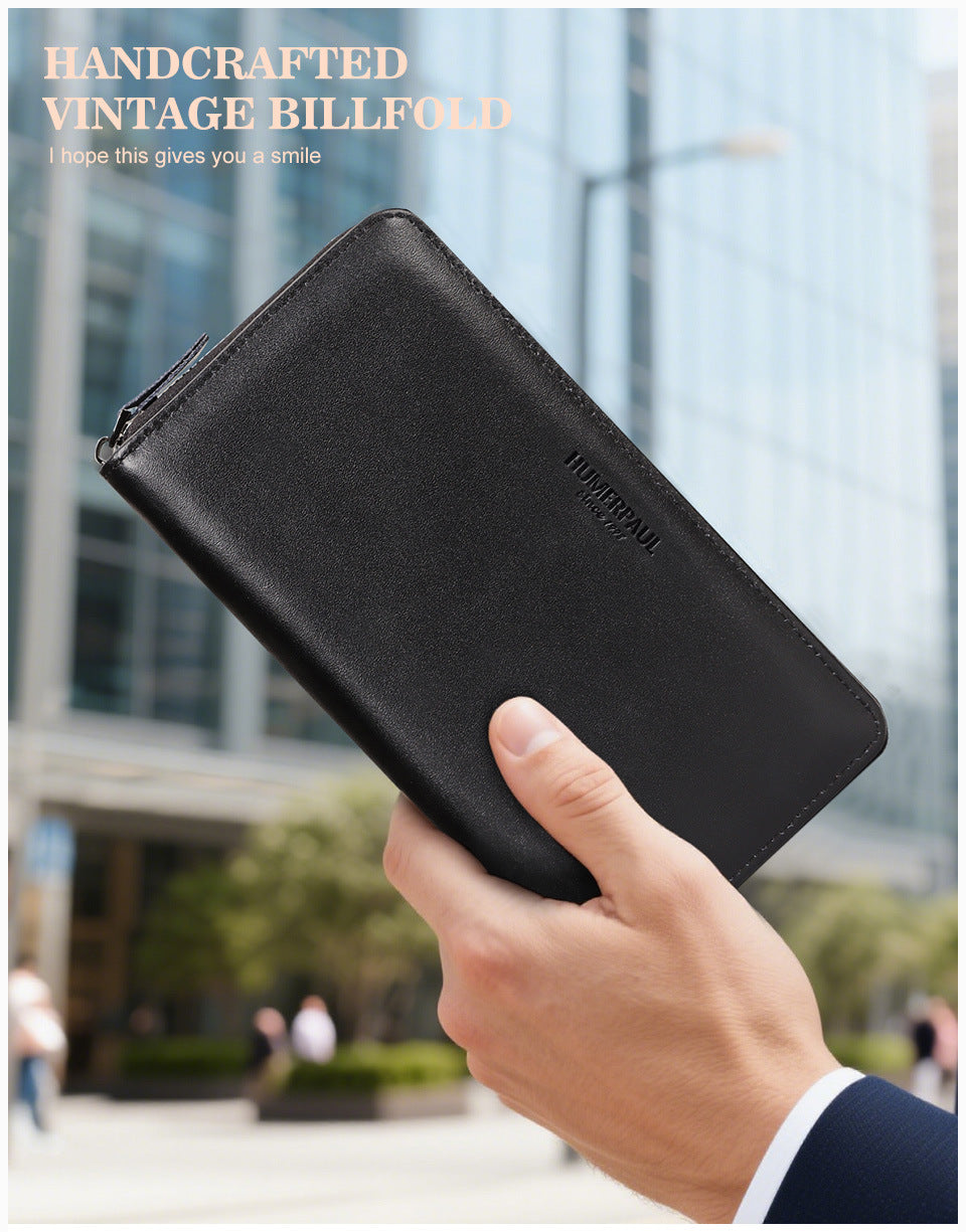Men's RFID Long Leather Wallet – Full Grain Cowhide Zip Clutch