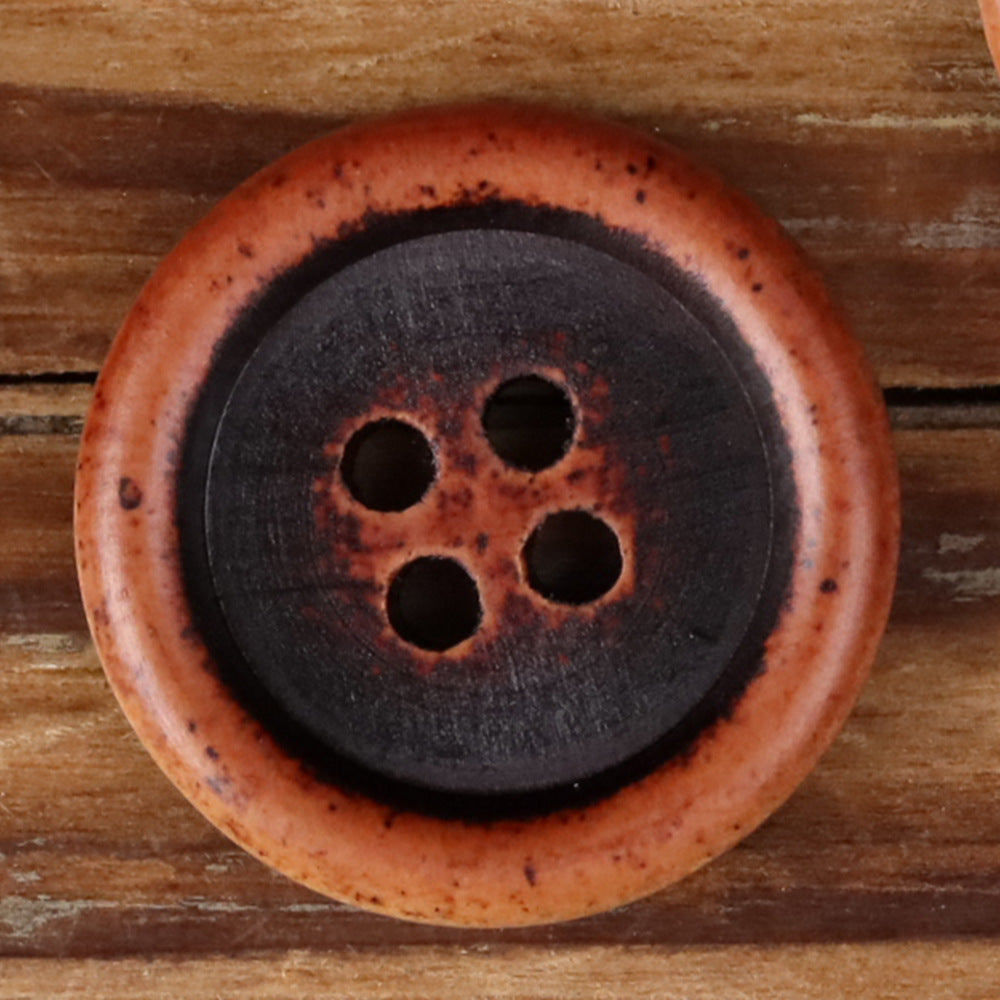 Round 4-hole wood button with dark face and terracotta wood rim