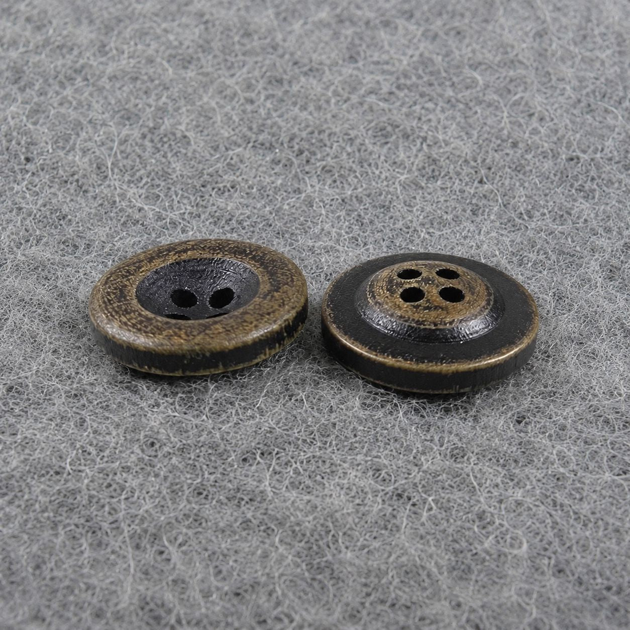 Dark brown round concave 4-hole wooden buttons, two views