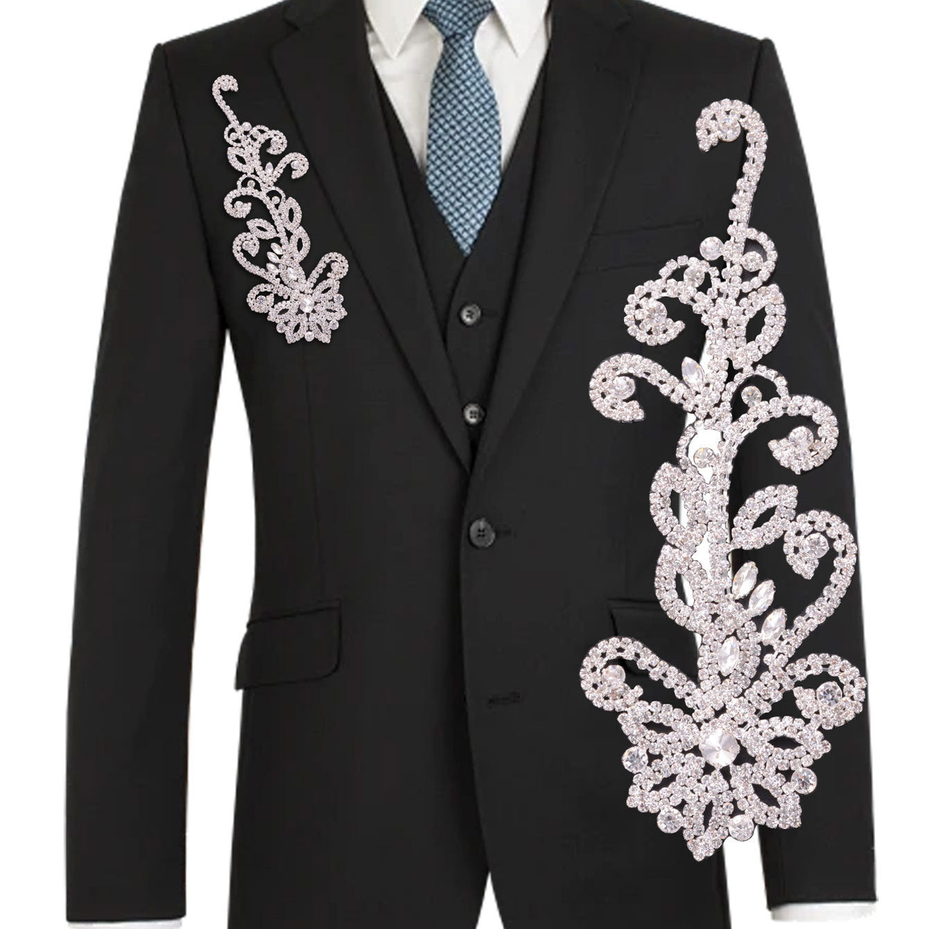 Silver rhinestone floral lace trim chain appliqué used on a black blazer lapel