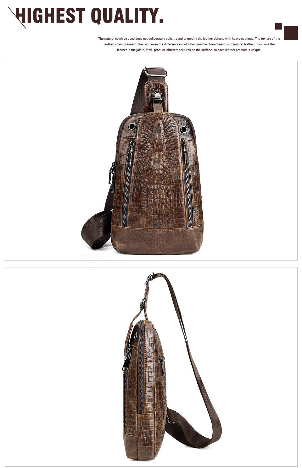 Alligator Print Leather Men's Crossbody Sling Bag Chest Pack