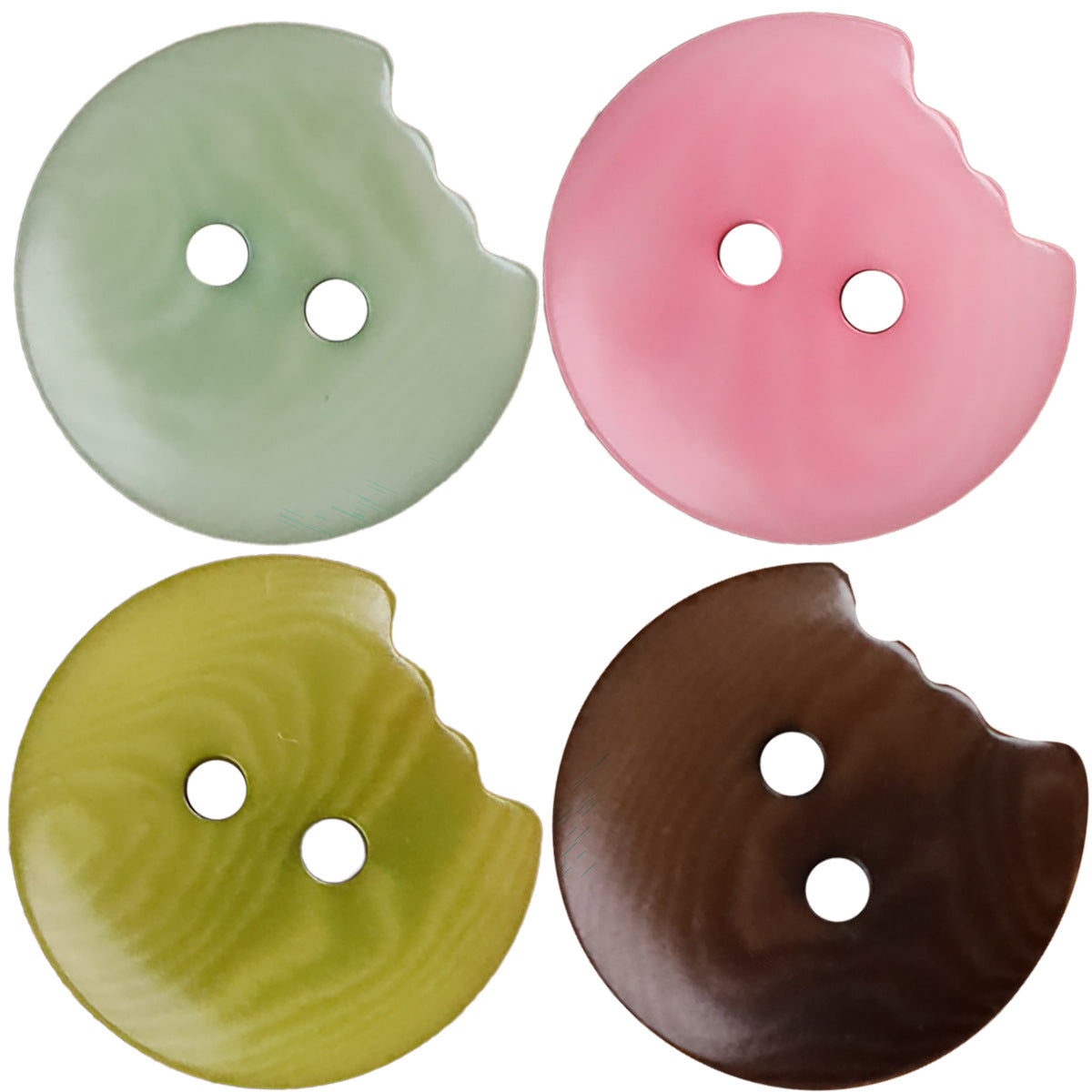 Assorted colored irregular seed buttons, each with two holes and a scalloped edge.
