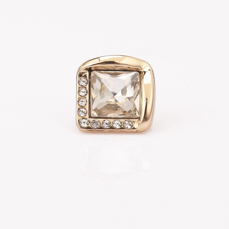 Gold square rhinestone shank button with clear center stone and small crystal studs