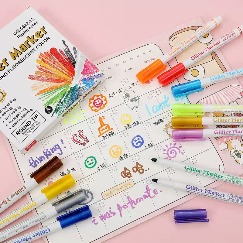 Guangna Glitter Markers Highlighter Pens Medium Point 12 Colors