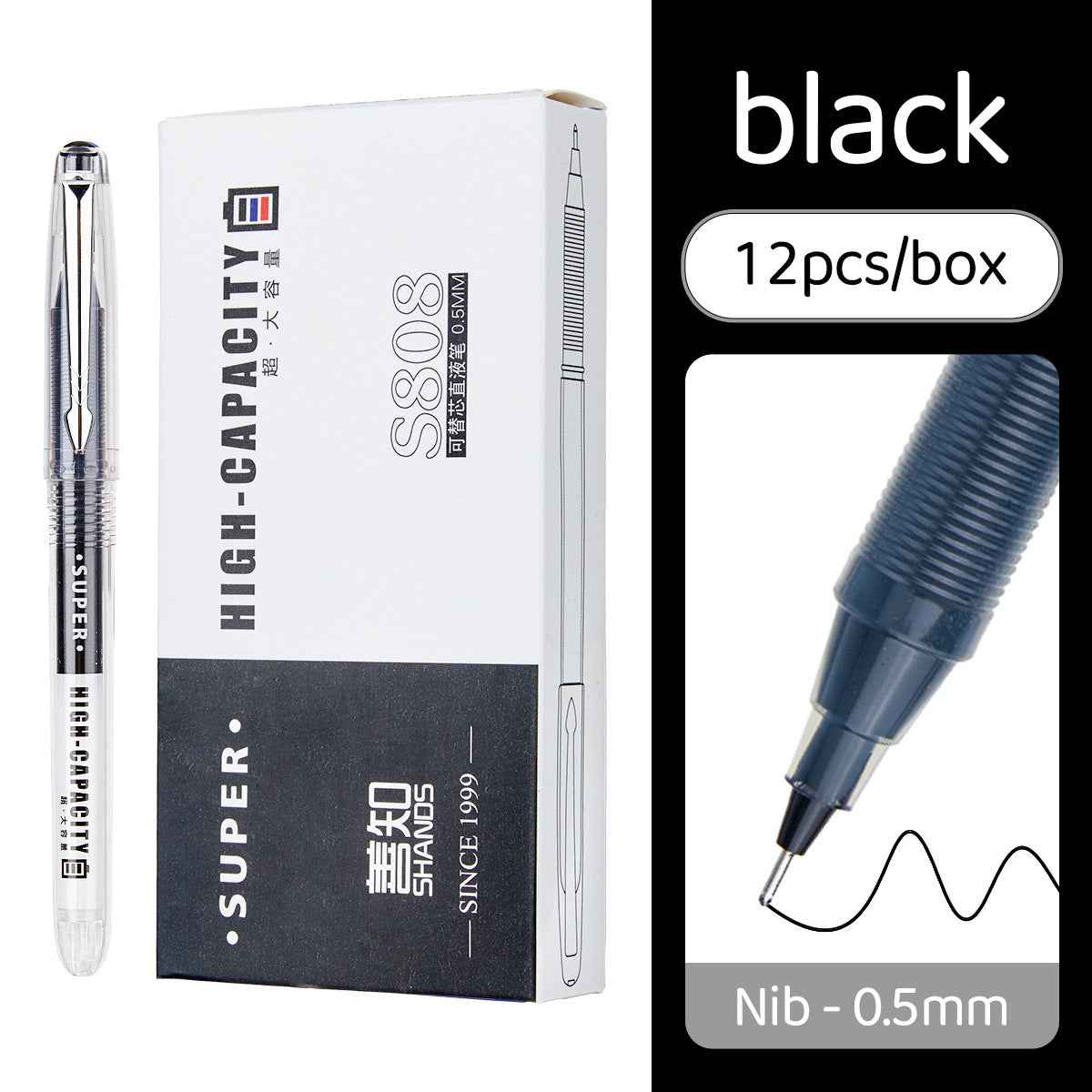 SHANDS Liquid Ink Rollerball Pens Black/Blue/Red 0.5mm Fine Needle Nib 12pcs Black