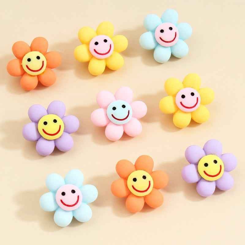 Smiley flower plastic buttons with metal shanks, pastel multi-color flowers