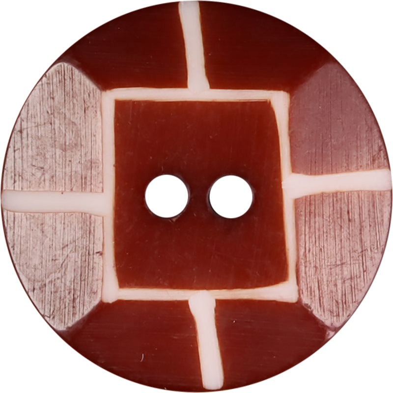 Two round red buffalo horn buttons with white cross inlay and 2 holes