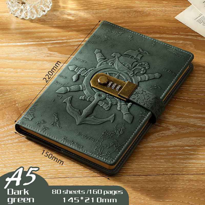 Retro Pirate Lock Diary 3D Carved European Style Locked Notebook A5
