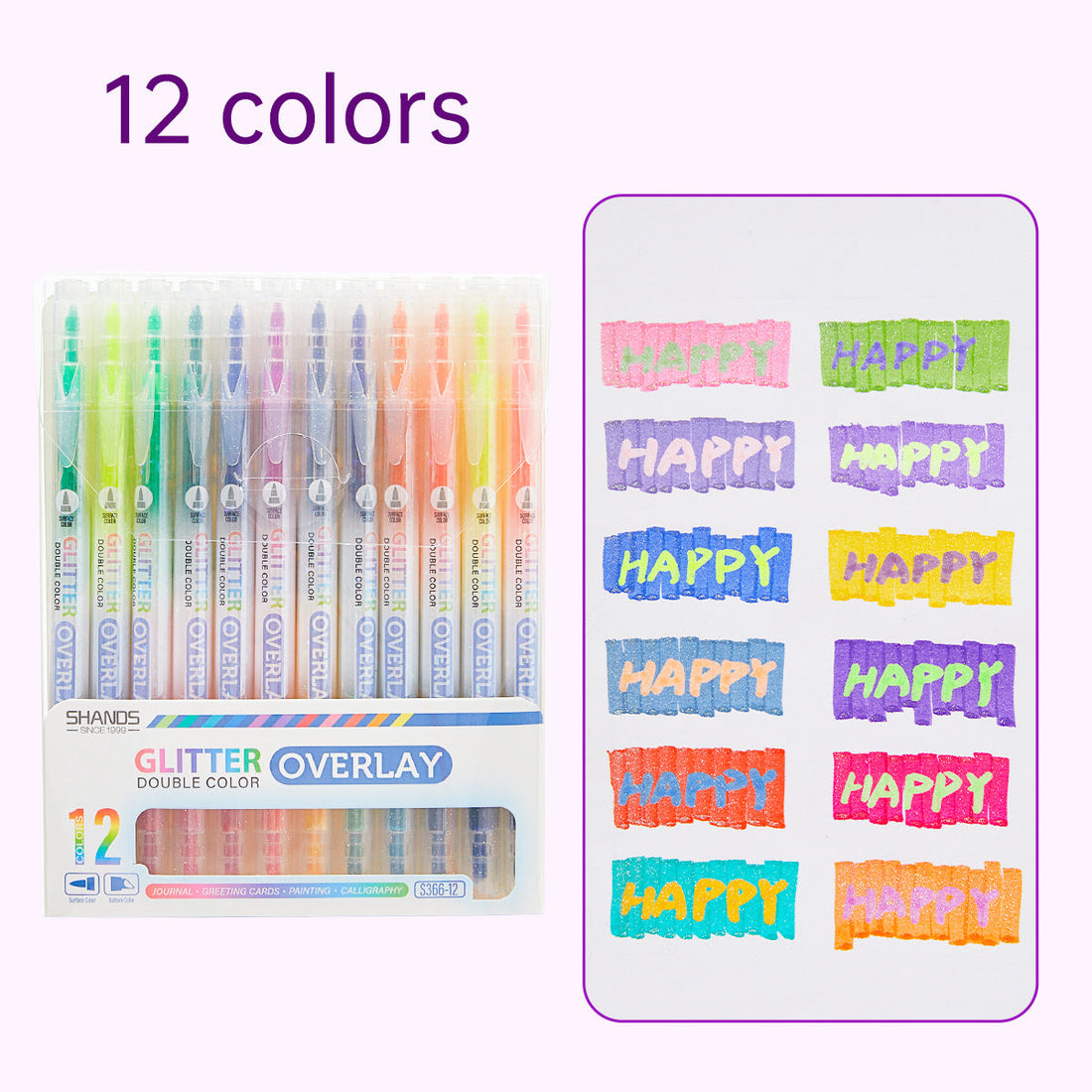 12/24 Colors Dual-Tip Glitter Overlay Highlighter Markers Set 12 Colors