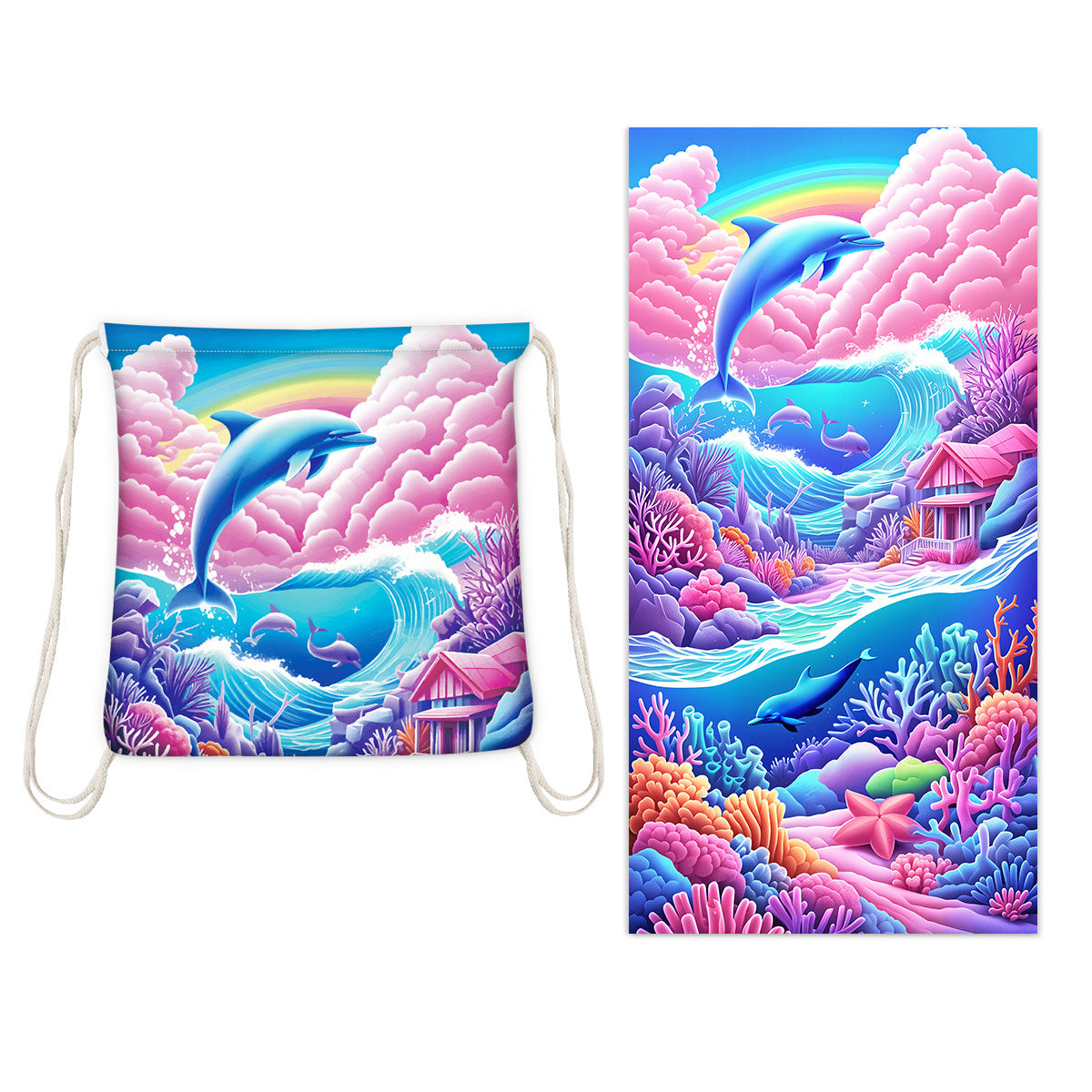 2-in-1 Foldable Printed Beach Towel Built-In Storage Bag