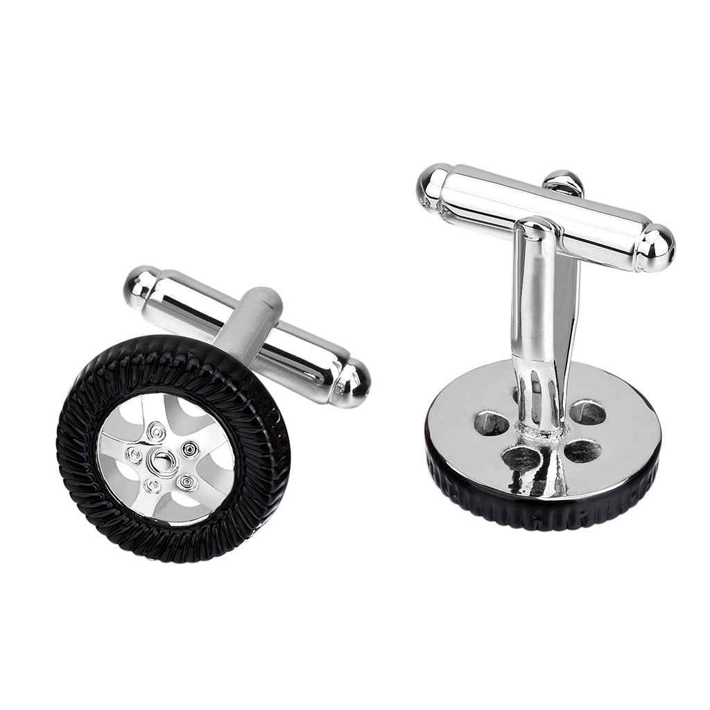 Black enamel tire-shaped cufflinks with silver posts and wheel centers