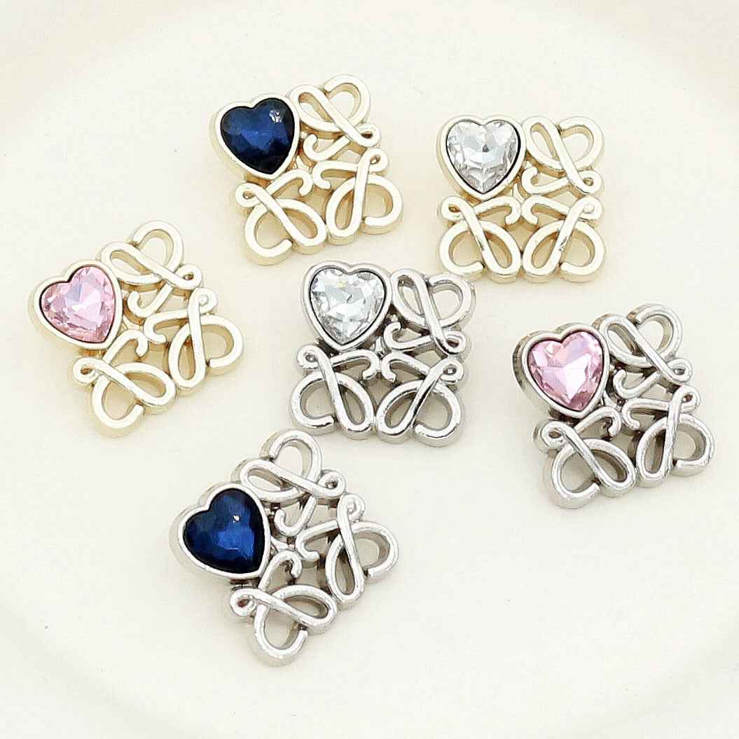 Square filigree metal buttons with heart glass: blue and clear heart, 48-pack