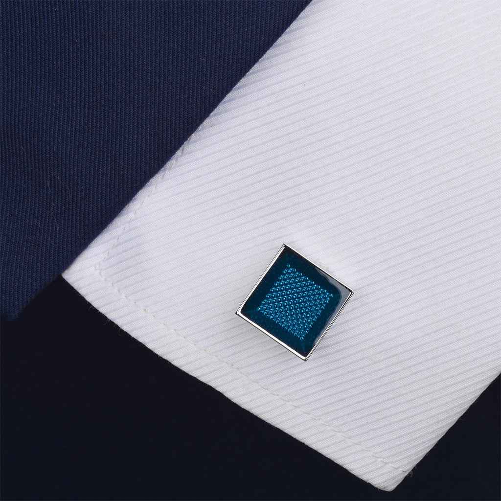 Square transparent blue resin cufflinks with brushed silver frames