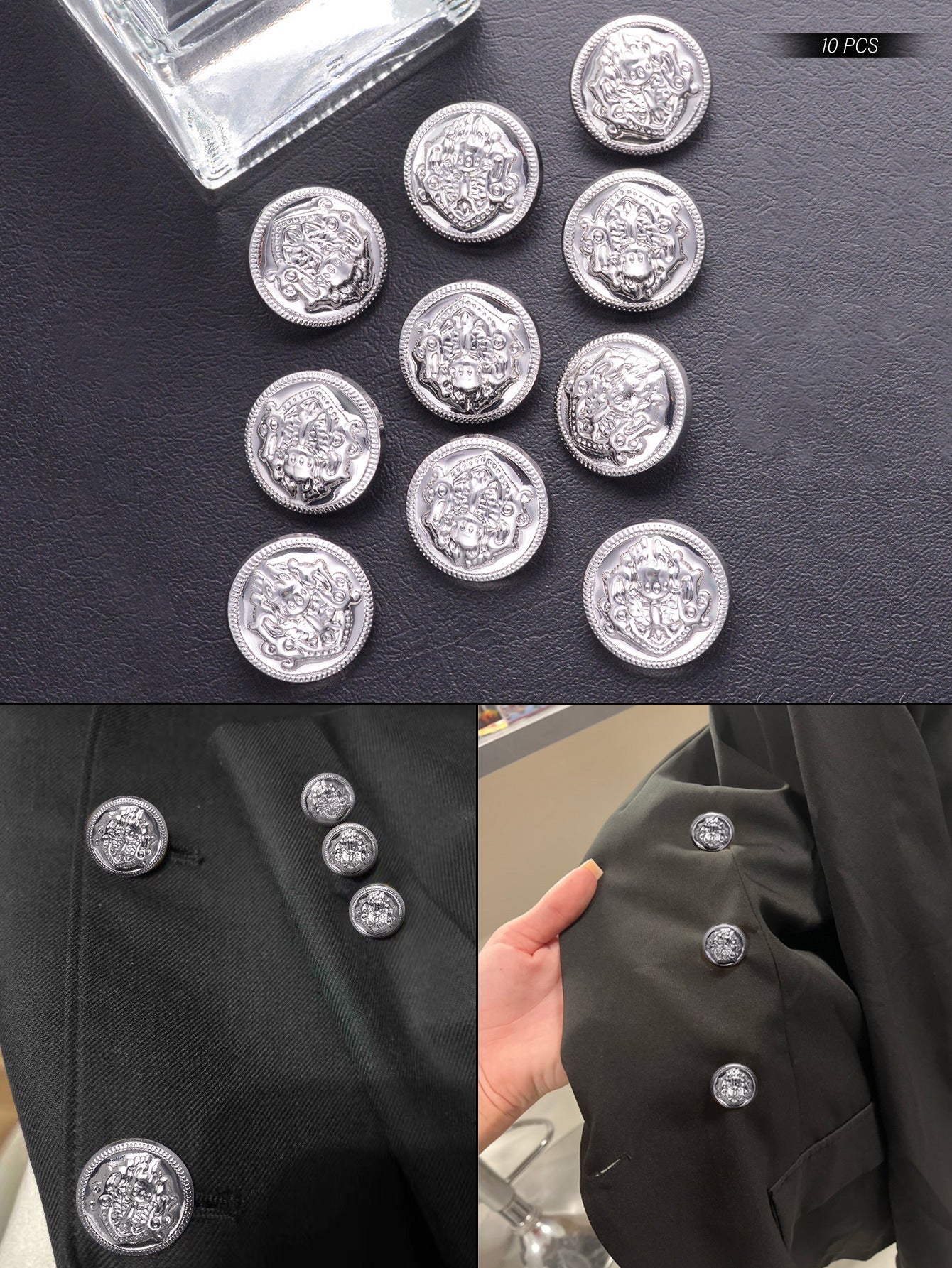 Silver embossed crest medallion shank buttons shown on fabric, multiple sizes in set.
