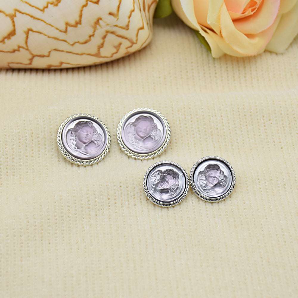 Classic lady portrait resin metal buttons, silver-toned frames, round