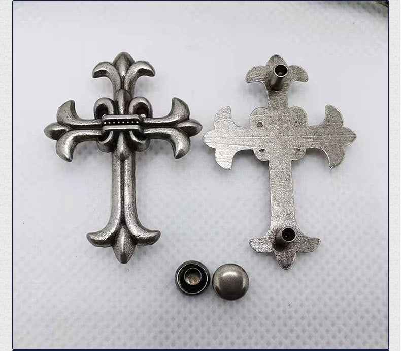 Silver gothic cross rivet studs with mounting holes plus two plain stud caps, 2 styles shown