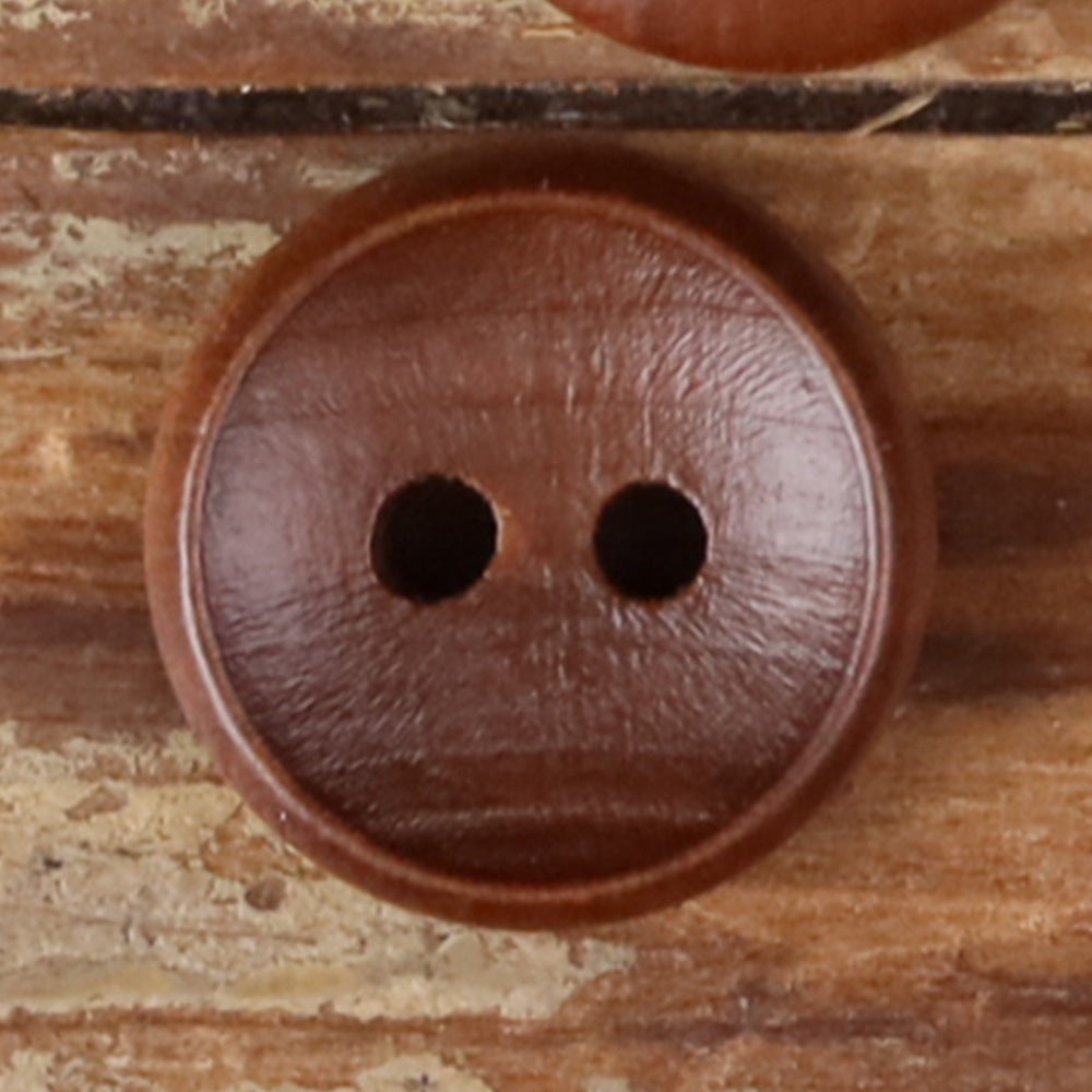 Orange-brown round 2-hole wooden button.