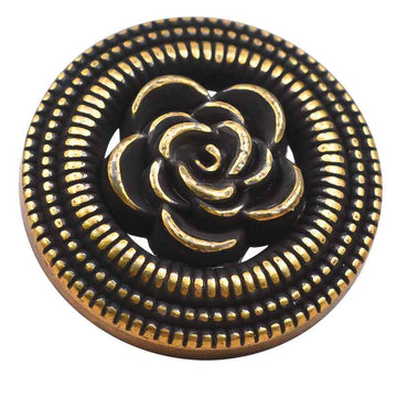 Vintage gold hollow rose metal button on black, beaded border and curled petal design
