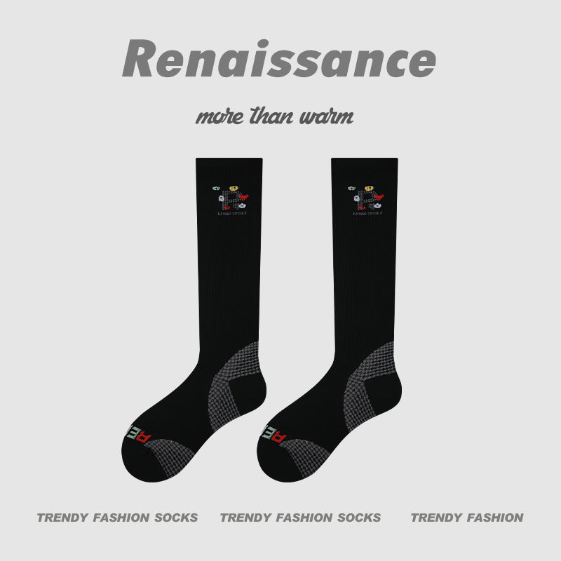 Thin Compression Running Socks for Women, black with small multicolor logo and gray accents
