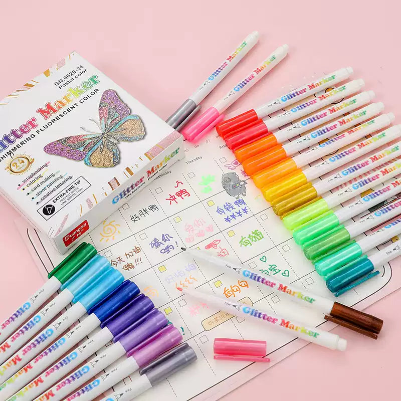 Guangna Glitter Markers Highlighter Pens Fine Point 12/24 Colors