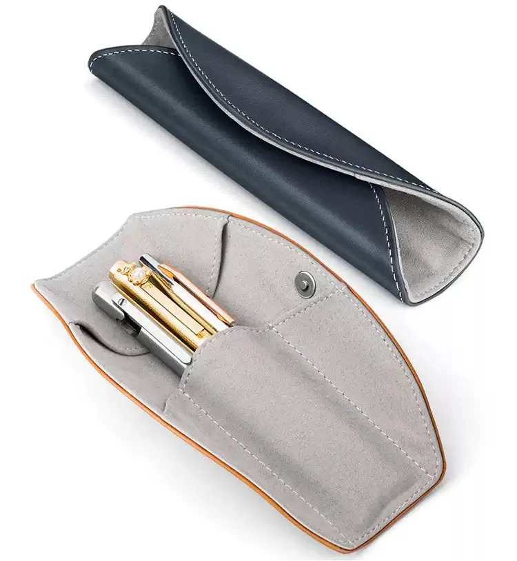 GNASEET Genuine Leather Pen Case – Japanese Minimalist Fountain Pen Pouch | 164x40x28mm | Blue / Black / Orange