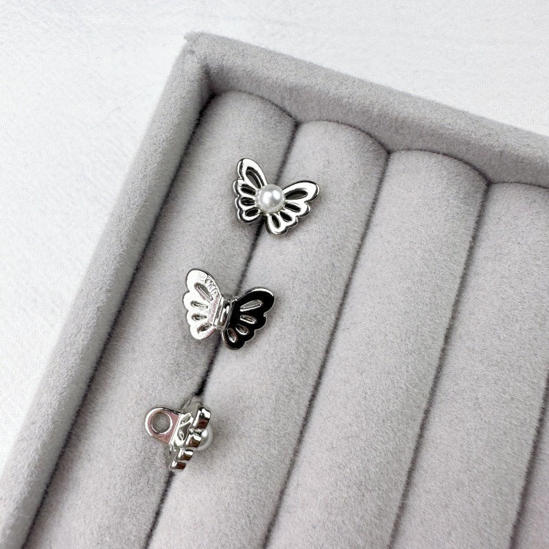 Butterfly pearl metal shank buttons in display tray, silver and gold tones (20pcs)
