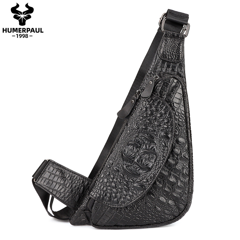 Men's Genuine Leather Chest Sling Bag,Alligator Pattern Triangle Coffee