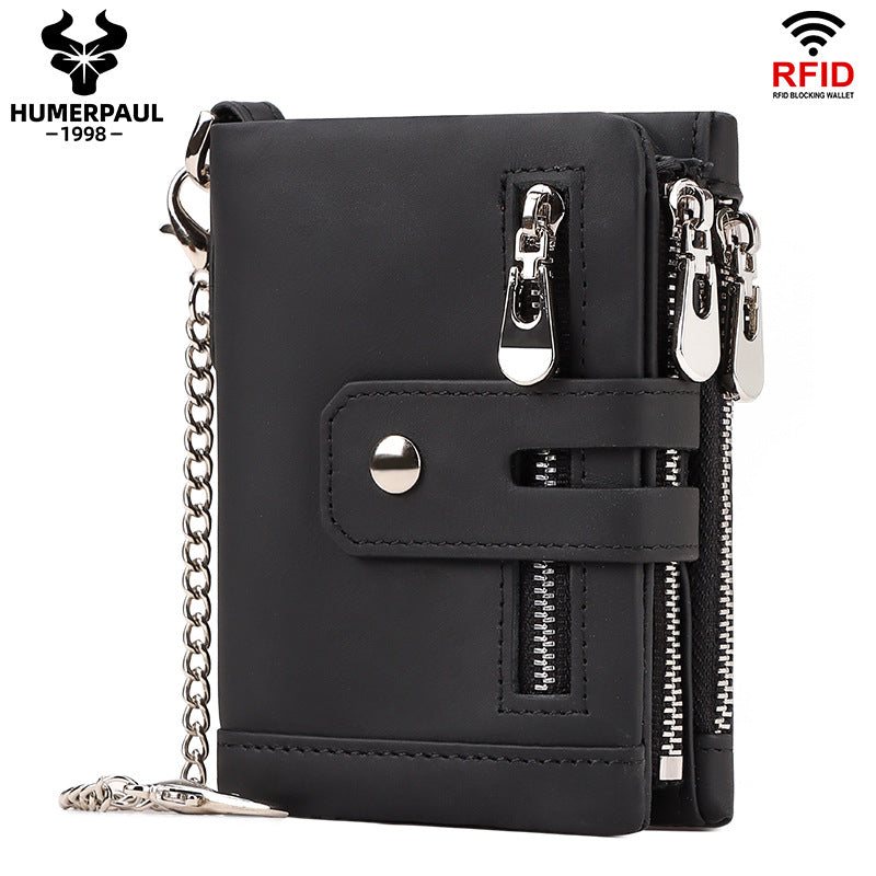 Genuine Leather Short Wallet with RFID Protection Tri-Fold Purse Black