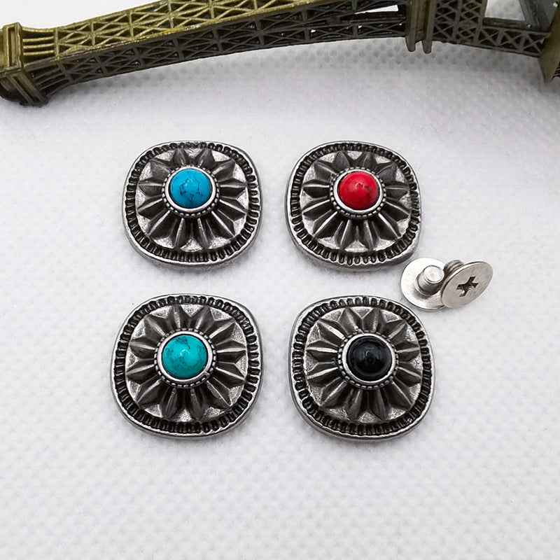 Antique floral turquoise screw studs, silver round bezels; four pairs shown