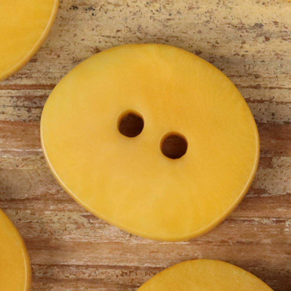 Yellow natural 2-hole button with two holes, irregular round shape, close-up.