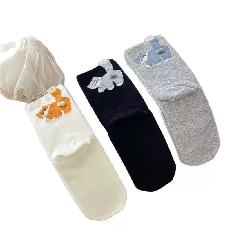 Cartoon Egg Cat Funny Crew Socks | Cute Animal Cotton Mid-Calf Socks for Women | 3-Pack (White/Grey/Black)