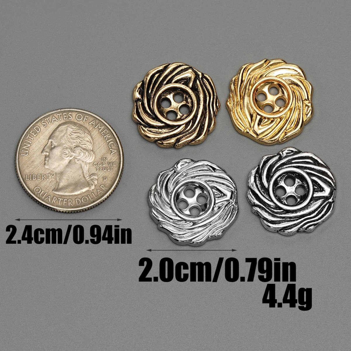 Assorted 4-hole spiral metal buttons in gold and silver, shown with coin for scale