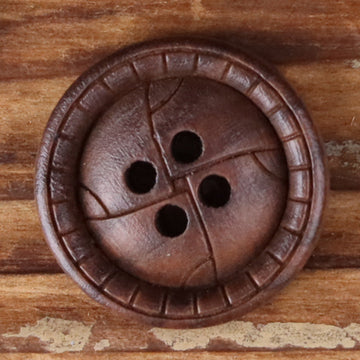 Brown round 4-hole distressed wood button with raised rim