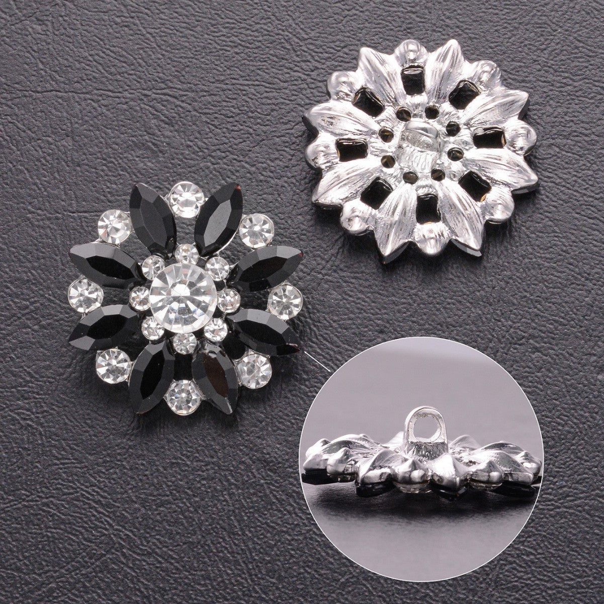 Black and silver crystal flower rhinestone shank buttons, back and front views