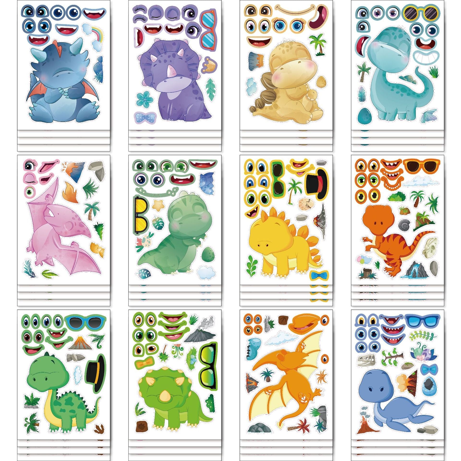 24 Sheets Make a Face Dinosaur Stickers