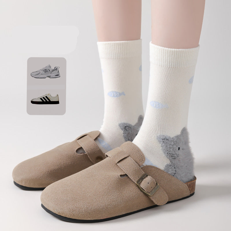 Cartoon Cat Cotton Crew Socks | Women's Mid-Calf Autumn Winter Socks | 3-Pack (Grey/Black/White)