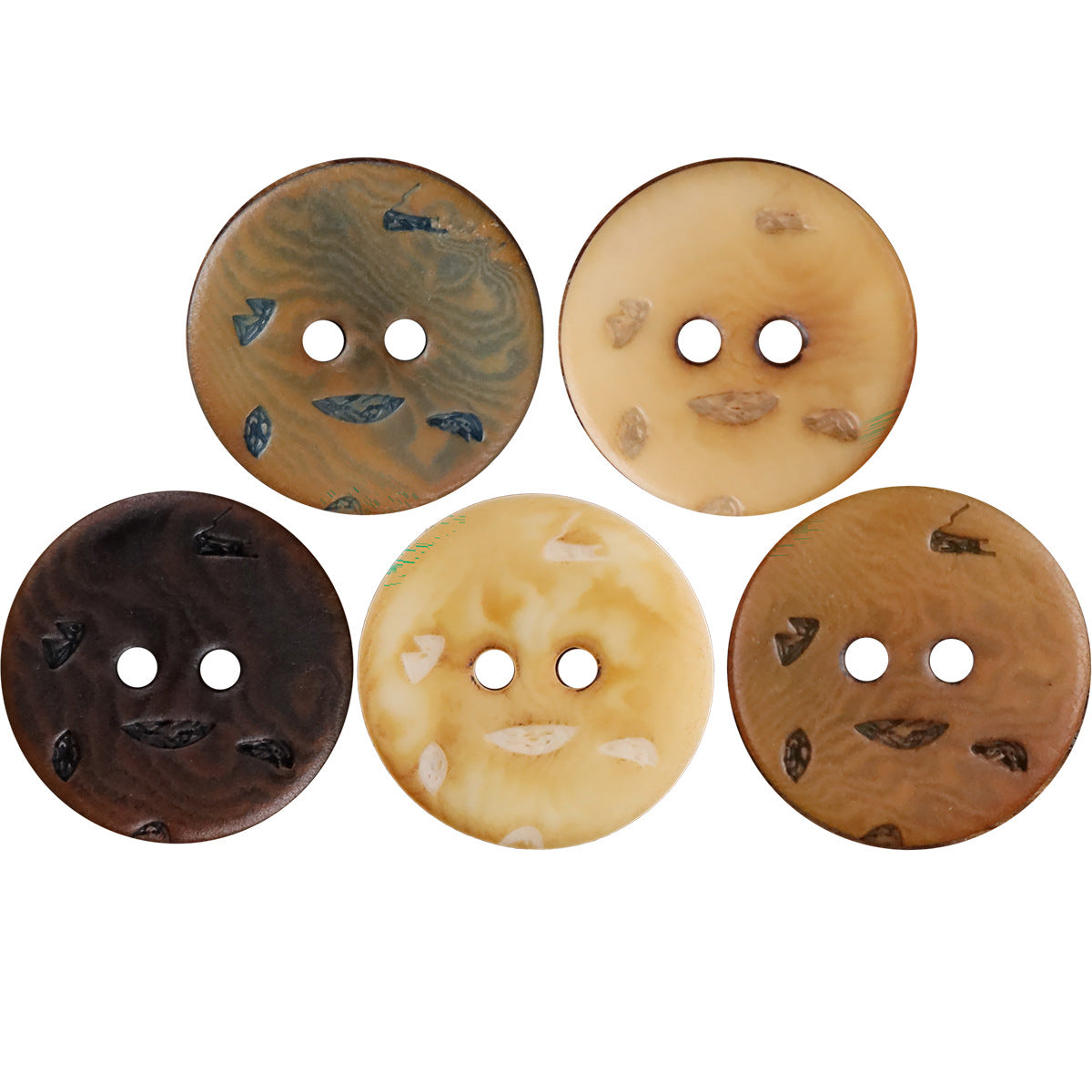 Round 2-hole buttons in assorted natural wood tones, flat vintage style