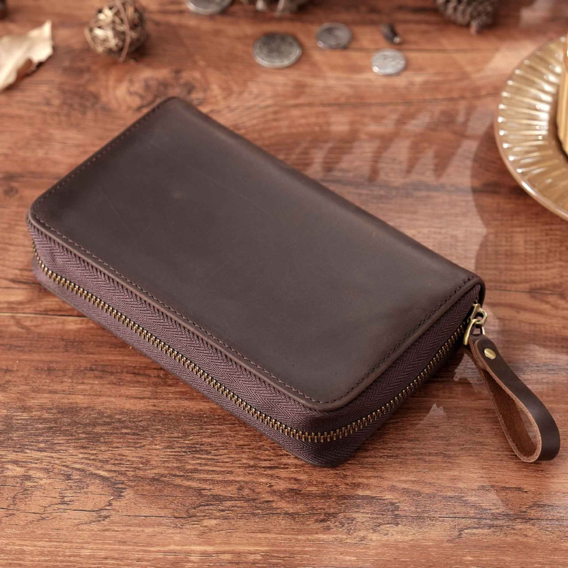 Leather Pen Case with 10 Slots – Full-Zip Fountain Pen Storage Pouch Coffee