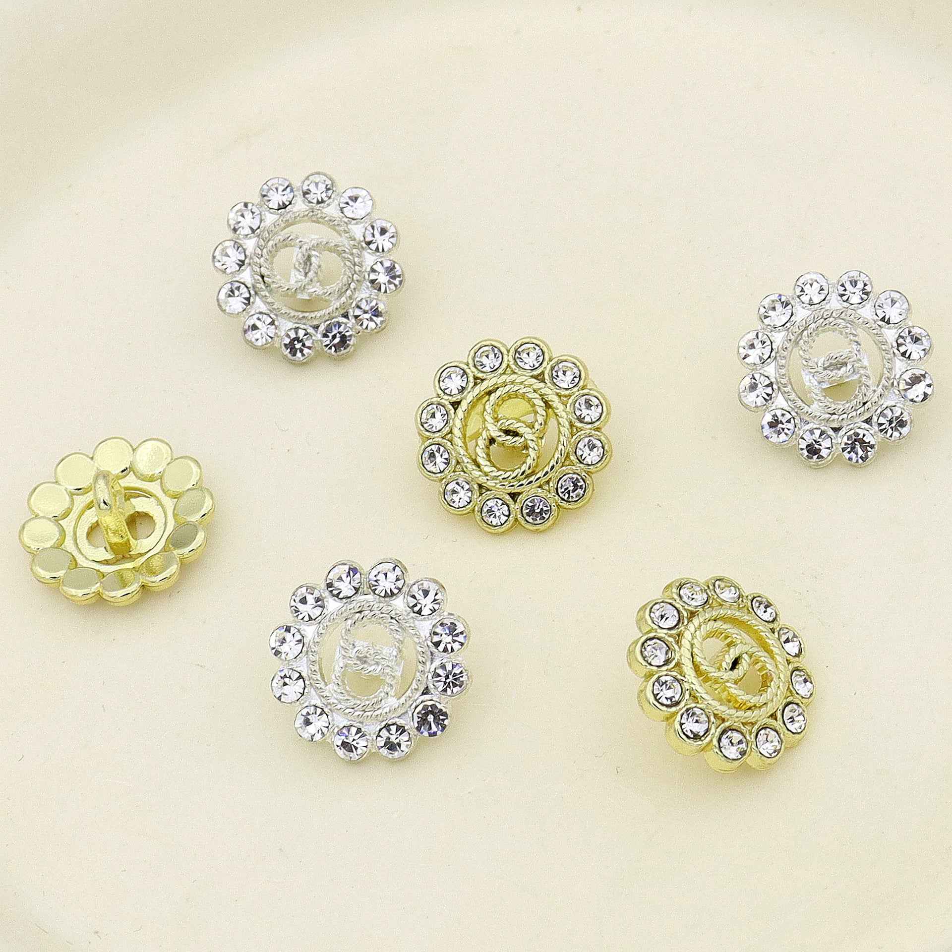 Knopf-Set 15mm Strass, doppelter Ring, hohl, gold und silber, mehrere Motive