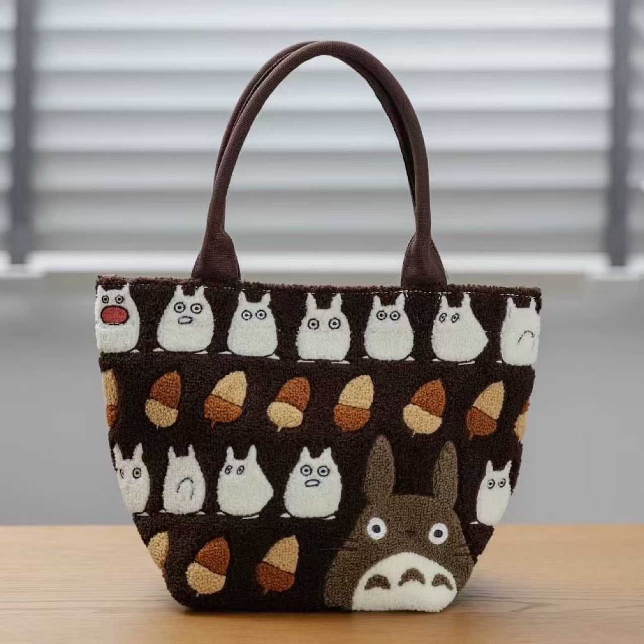 Cute Totoro Plush Handbag Tote Cartoon Embroidery for Girls Women Brown