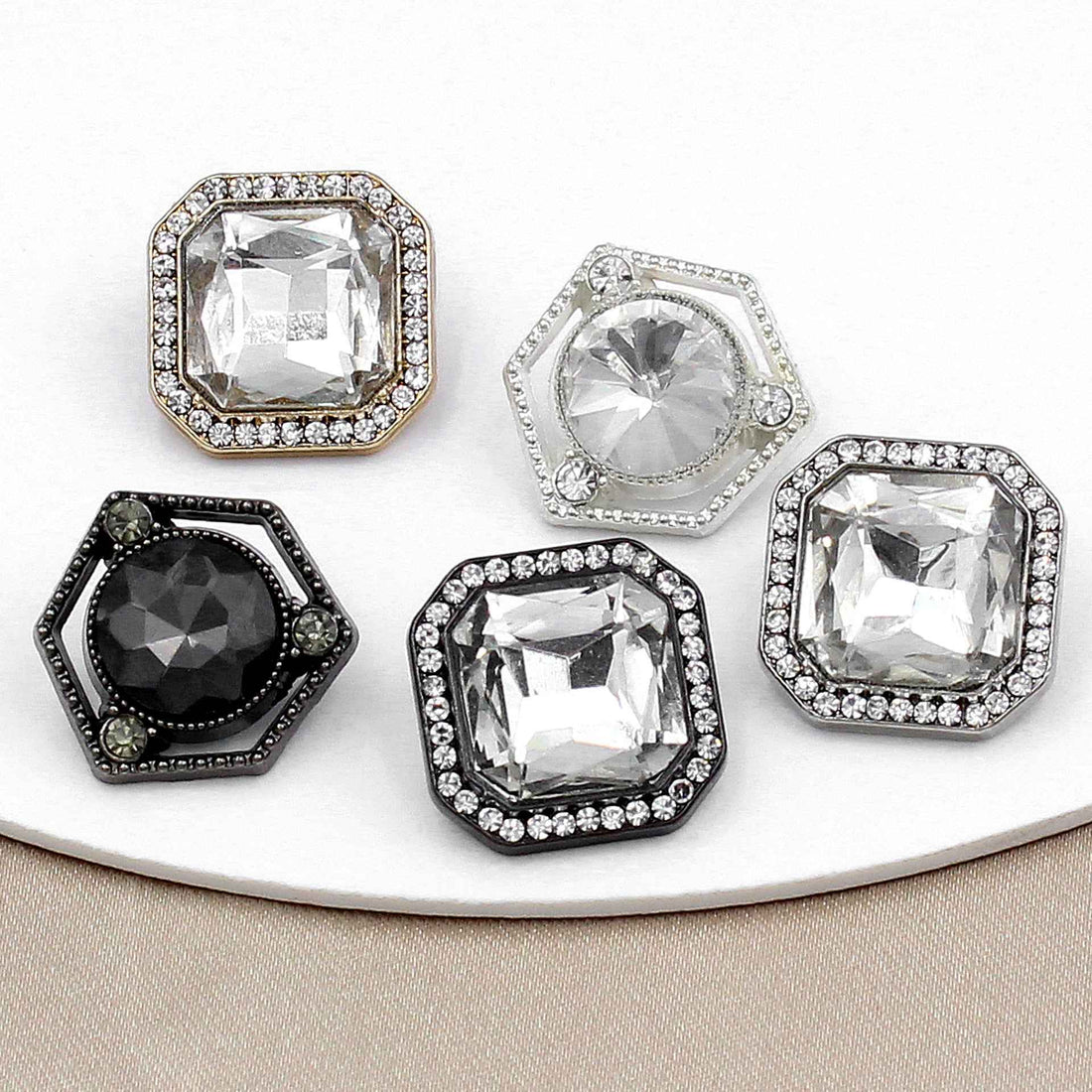 Square hexagon crystal buttons set with faceted center stones and rhinestone borders